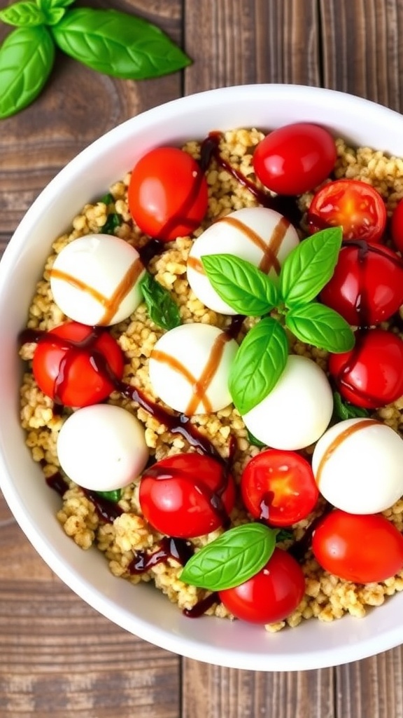 A vibrant Caprese quinoa bowl with quinoa, cherry tomatoes, mozzarella, and basil, drizzled with balsamic glaze on a wooden table.